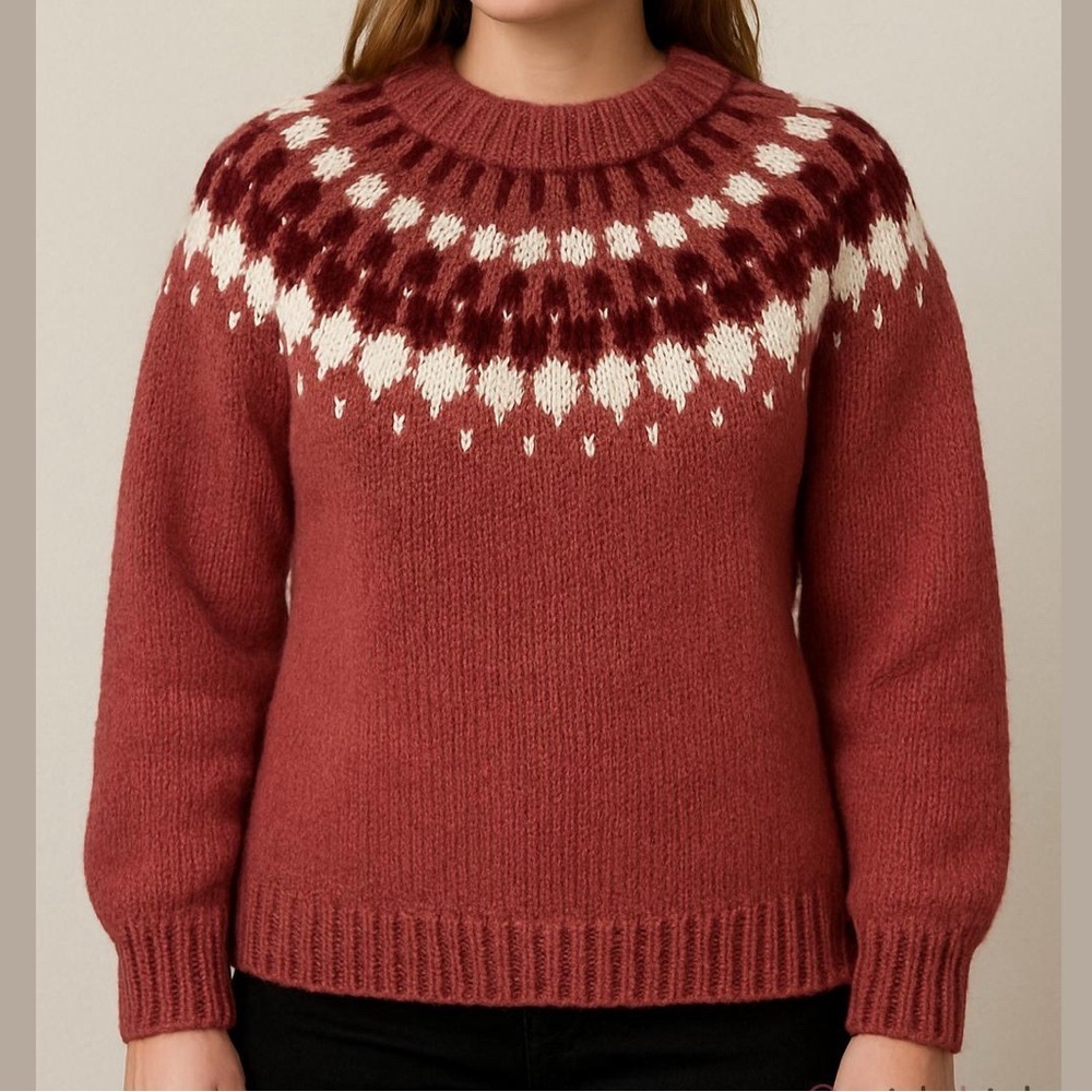 HANDKNIT fisherman fair isle sweater crew neck long sleeves raspberry medium